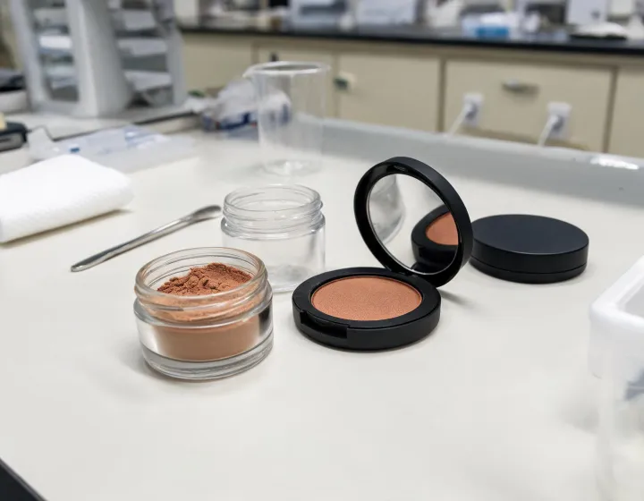 Bronzer Sourcing on a cosmetics bench, illustration only