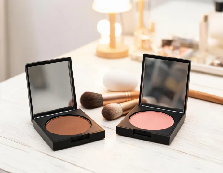 bronzer vs blush on a cosmetics bench, illustration only