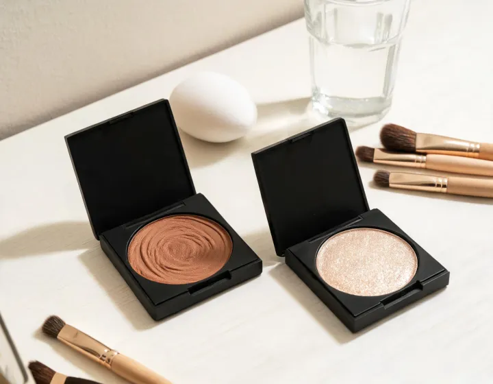 bronzer and highlighter on a cosmetics bench, illustration only