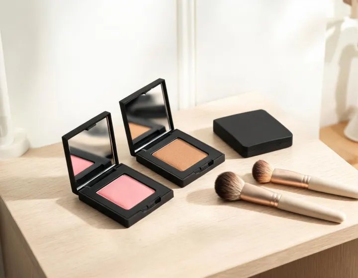 blush and bronzer on a cosmetics bench, illustration only